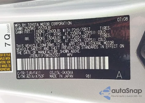 2008 Toyota Fj Cruiser из США, поврежденный, VIN JTEBU11F78K052307